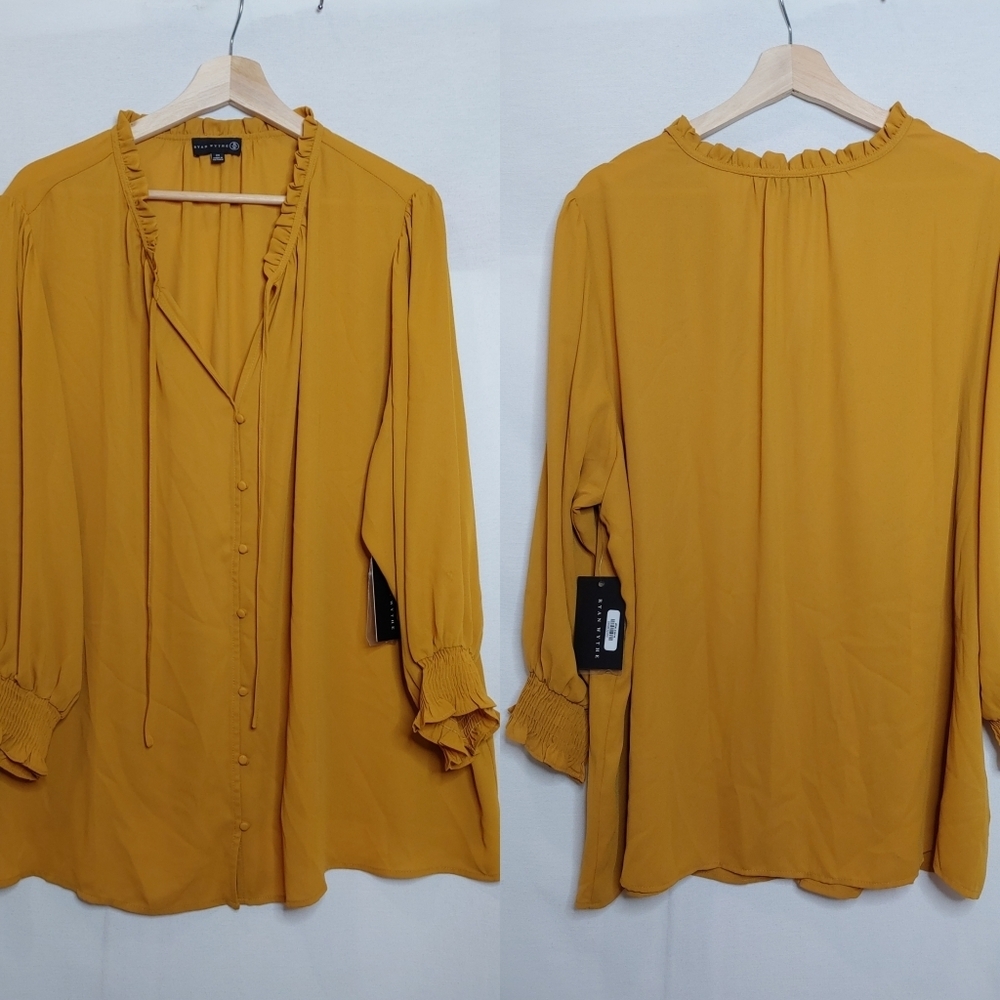 Ryan Wythe Split Neck Button Front Detail Ruffle SmocMustard Blouse Top 2X ‎ New
